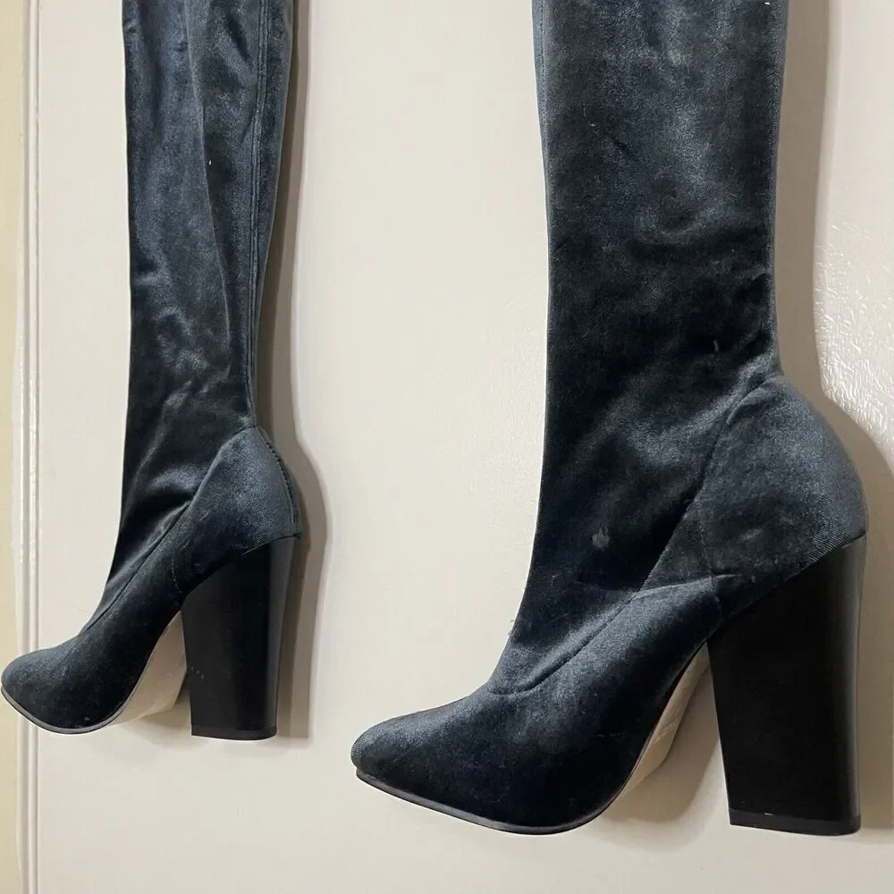 ZARA teal blue point toe velvet velour thigh high sock heeled boots 37 US 6.5